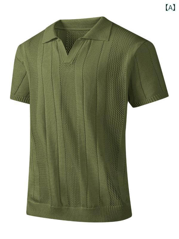 メンズ Tシャツ 翻領 短袖 薄手 ストライプ柄 ゆったりシルエット 化繊混紡 透気性 ビジネス 紳士 日常 抹茶 米黄 青年向け セットアップなし astershop-10378008 アスターショップ パッケージ画像