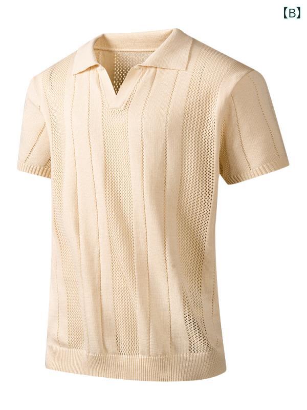 メンズ Tシャツ 翻領 短袖 薄手 ストライプ柄 ゆったりシルエット 化繊混紡 透気性 ビジネス 紳士 日常 抹茶 米黄 青年向け セットアップなし astershop-10378008 アスターショップ サンプル画像2