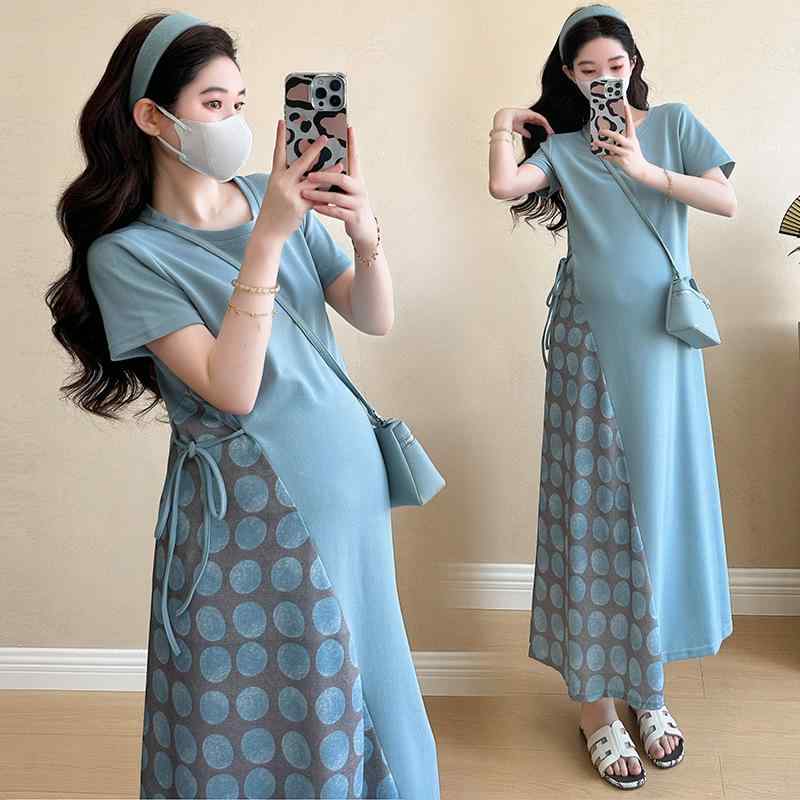 ワンピース 妊婦用 レディース ゆったり フェイクレイヤード 切り替え ドット柄 フレンチスタイル 上品 デザイン性 体型カバー ロング丈 カジュアル 春夏 普段使い