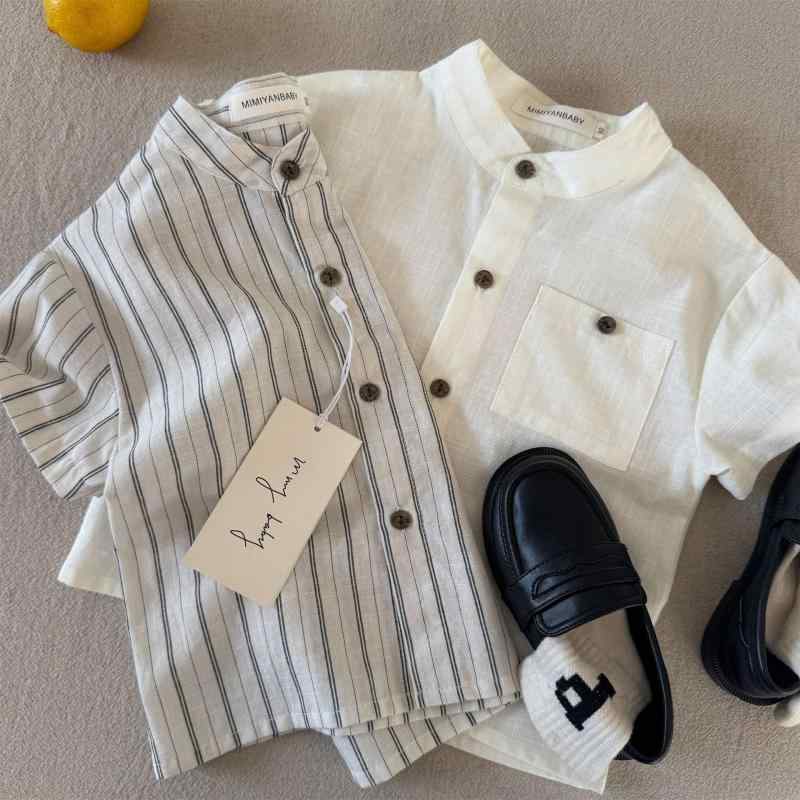 ・カテゴリ: 子供用シャツ・対象性別: 女児・対象年齢: 乳幼児（1~3歳、80~100cm）・スタイル: 韓国風・ネックライン: スタンドカラー・袖丈: 半袖・柄: ボーダー・特徴: かわいい、カーディガン、トレンディ・主な素材: 綿95%・安全基準: B類・カラー展開: ホワイト、ボーダー・対応身長: 80cm、90cm、100cm、110cm、120cm