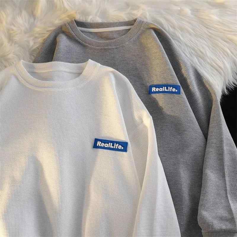 Tシャツ レディース 長袖 カットソー トップス トレーナー スウェット プルオーバー ロンT 華夫格 ワッフル生地 クルーネック 丸首 ゆったり 体型カバー カジュアル 快適 重ね着 インナー 通学 通勤 春 秋 白色 灰色 黒色 黒色
