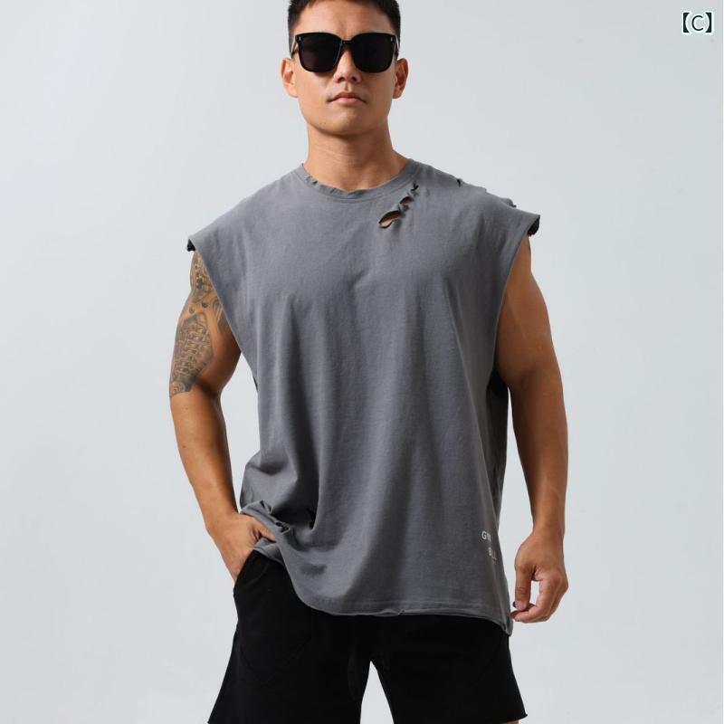 メンズ Tシャツ 短袖 修身 破洞 撞色 丸首 筋肉 青年 流行 綿 素材 黒 白 深灰 浅...