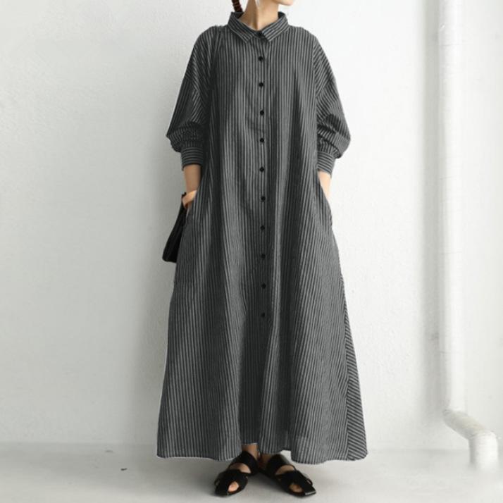・カテゴリ: 連衣裙・スタイル: 通勤風・主な素材: 綿80-90%・柄: 条紋・加工: 拼接・タイプ: 开衫款・組み合わせ: 単品・スカート丈: ロング・スカート形状: 大摆型・ネックライン: POLO領・袖型: 通常・袖丈: 長袖・ウエスト: ルーズ・トレンド要素: ポケット・カラー展開: 白色、黒色・サイズ展開: S、M、L、XL、XXL、XXXL、4XL、5XL