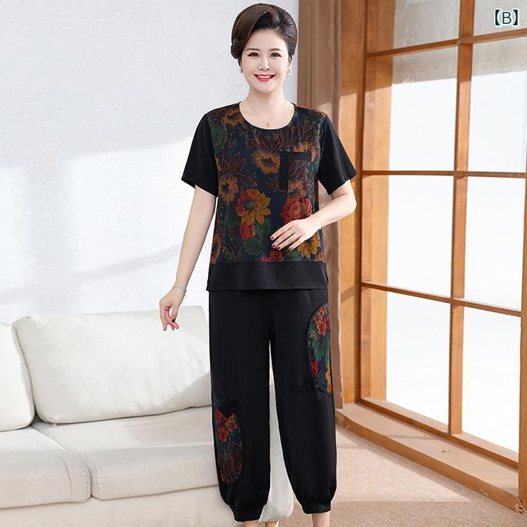 アスターショップのレディース トップス セット ワイドパンツ 印花 短袖 Tシャツ 九分丈 植物 花柄 ボタン ポリエステル ワイドシルエット ゆったり 気質 通勤 スタイル 都市 風 夏 酒紅 紺 橙 70-80% 成分 XL-XXXXXXL 大きいサイズ 中高年 ママ｜アングル3