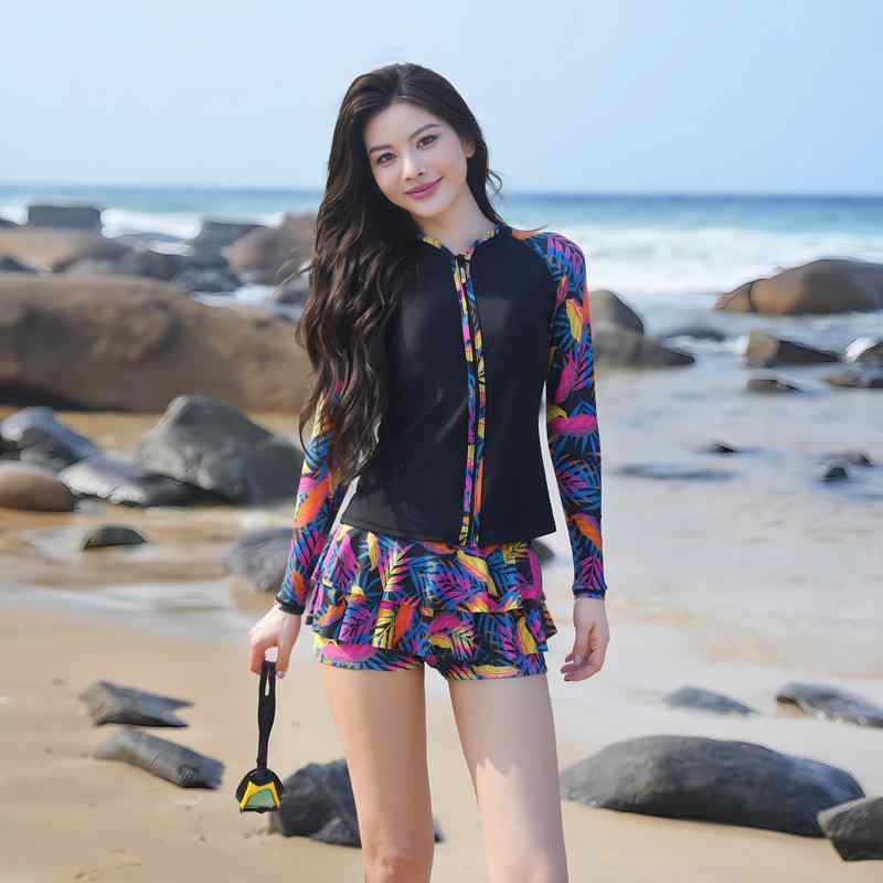 レディース 水着 セパレート 2点セット ビキニ 腹カバー スリム ガードル 小胸用 韓国風 セクシー 小清新 ナイロン ポリエステル ブラック 花柄 ネイビー 花柄 泳ぎ 温泉 プール