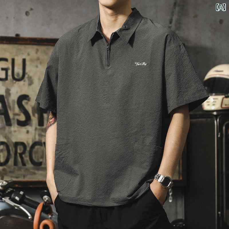 ・カテゴリ: POLOシャツ・スタイル: アメリカンヴィンテージ・袖丈: 短袖・版型: ゆったり・柄: 無地・特殊加工: 刺繍・厚み: 薄手・主な素材: ポリエステル100%・使用シーン: カジュアル・カラー展開: ダークグレー、ベージュ、ブラック・サイズ展開: M、L、XL、2XL、3XL、4XL、5XL・詳細デザイン: アシンメトリー
