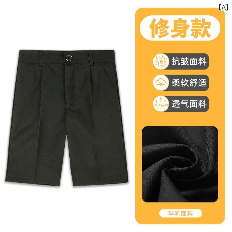 ・カテゴリ: 童裤・スタイル: 西裤・主な素材: 聚酯纤维（涤纶）100%・性別: 男・対象年齢: 中大童(8歳以上、140cm以上)・対象身長: 110cm、120cm、130cm、140cm、150cm、160cm、170cm、180cm・パンツ丈: 五分裤/中裤・ウエスト: 中腰・柄: 純色・カラー展開: 純黒色西短裤、純黒色西短裤+背带、藏青色西短裤、藏青色西短裤+背带、深灰色西短裤、深灰色西短裤+背带