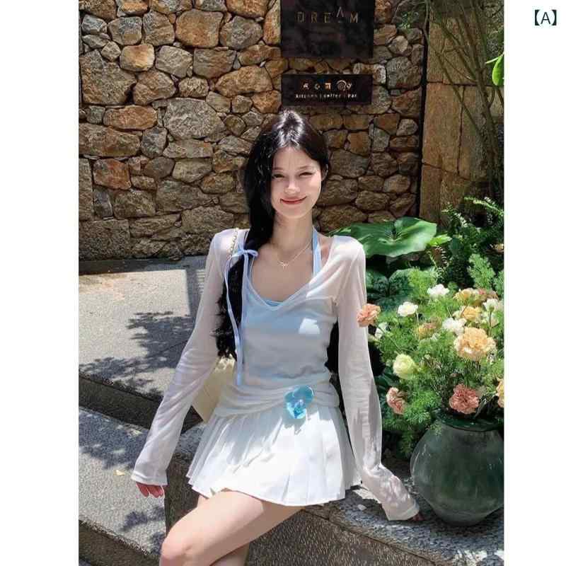 ・カテゴリ: Tシャツ・スタイル: エレガント風、フレッシュ・スイート・素材: 綿95%以上、ポリエステル（ポリエステル繊維）80%（含む）-90%（含まない）・デザイン: アンサンブル・ネックライン: Vネック・袖丈: 長袖・袖型: 通常袖・柄: 無地・プロセス: 高温成形・シルエット: スリムフィット・着丈: 通常（50cm＜着丈≤65cm）・トレンド要素: マカロンカラー・カラー展開: ホワイトブラウス+ブルータンクトップ【2点セット】、ホワイトブラウス+ブラックタンクトップ【2点セット】、ホワイトブラウス、ブラックコーマ綿タンクトップ【単品】、ブルーコーマ綿タンクトップ【単品】・サイズ展開: S【推奨35-40kg】、M【推奨40-47.5kg】、L【推奨47.5-55kg】、XL【推奨55-62.5kg】、2XL【推奨62.5-70kg】、3XL【推奨70-75kg】