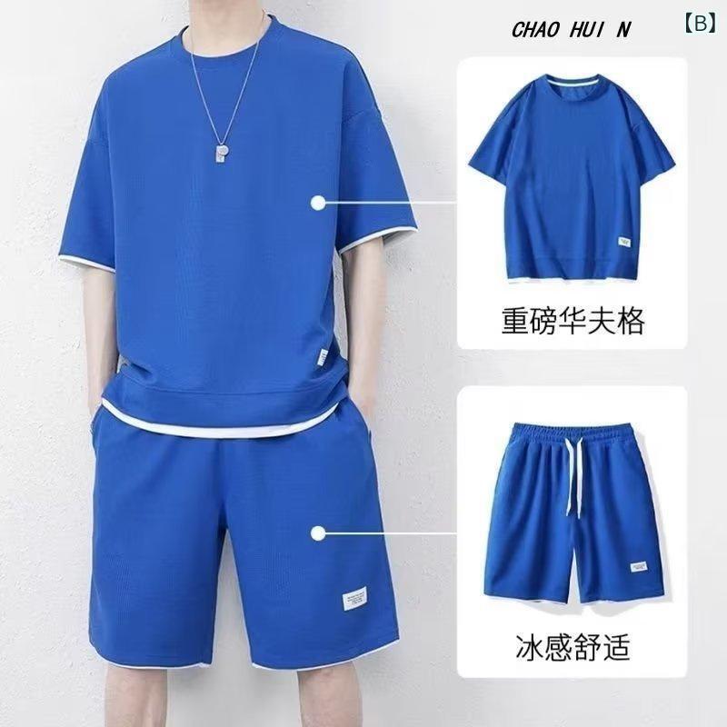 アスターショップのメンズ セットアップ 短袖 Tシャツ 5分丈パンツ 夏季 薄手 運動休闲 華夫格 黒 湖ブルー 浅グレー 深グレー 杏色 聚酯繊維 日常 軽量 通気性 涼しい 爽やか スタイリッシュ カジュアル｜アングル2