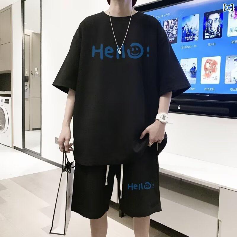 アスターショップのメンズ Tシャツ 短パン セット 夏 ワイド ルーズ フィット 百搭 コーデ 薄手 涼しい ポリエステル 混紡 グレー 白 黒 カーキ グラフィック プリント スポーツ スタイル ファッション 都市 ライフ 24-35歳 向け ゆったり 大きめ サイズ｜アングル3