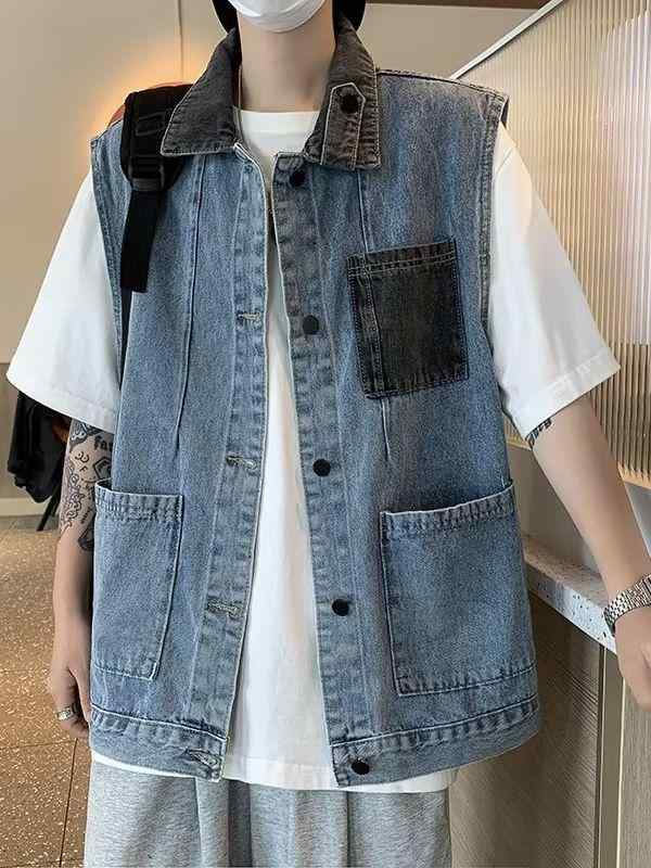 ベスト メンズ アウター ジレ ジャケット トップス ワークベスト アメリカン レトロ ヴィンテージ風 切り替え デニム ノースリーブ ゆったり ストレート カジュアル 前開き 襟付き ボタン ポケット 青 ブルー 春 夏 サマー