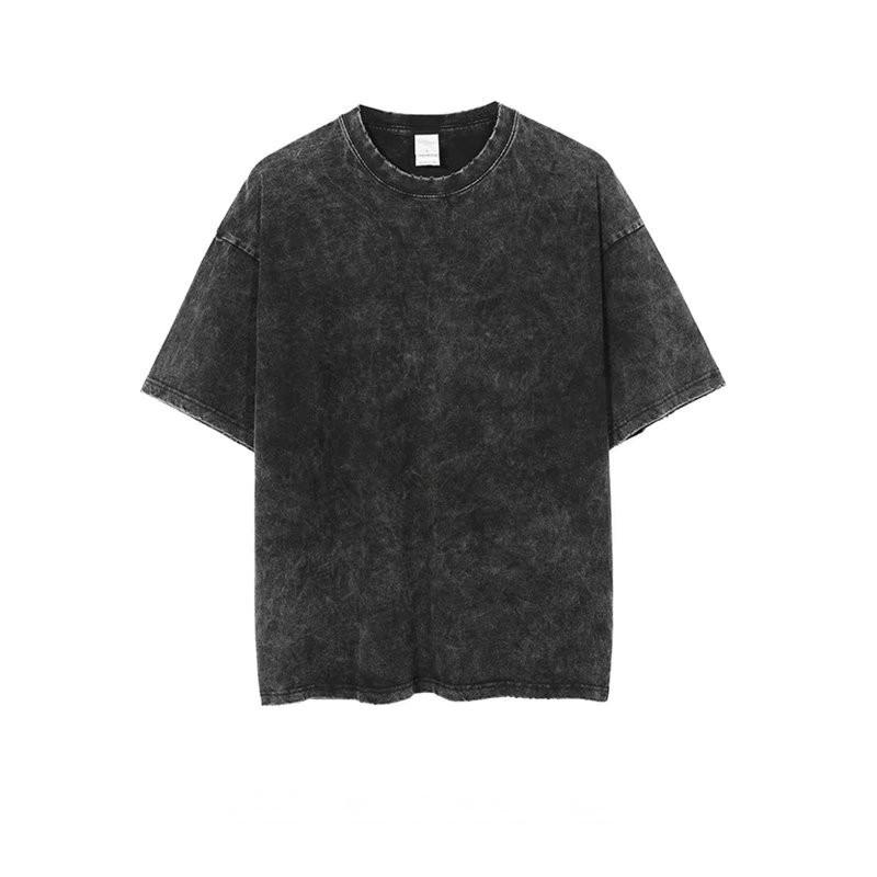 Tシャツ メンズ 半袖 カットソー トップス 無地 ラウンドネック 丸首 五分袖 中袖 コットン 綿 薄手 涼しい ルーズ ゆったり オーバーサイズ ビッグシルエット カジュアル ストリート ウォッシュ加工 ヴィンテージ風 レトロ ブラック