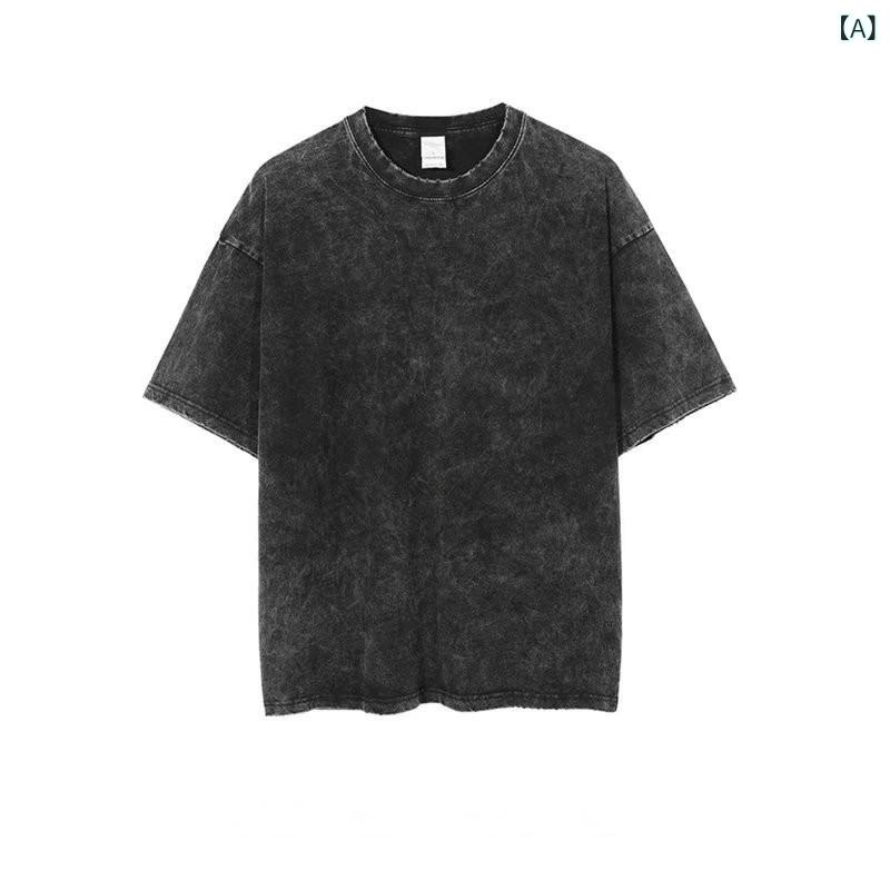 Tシャツ メンズ 半袖 カットソー トップス 無地 ラウンドネック 丸首 五分袖 中袖 コットン 綿 薄手 涼しい ルーズ ゆったり オーバーサイズ ビッグシルエット カジュアル ストリート ウォッシュ加工 ヴィンテージ風 レトロ ブラック — vista 2