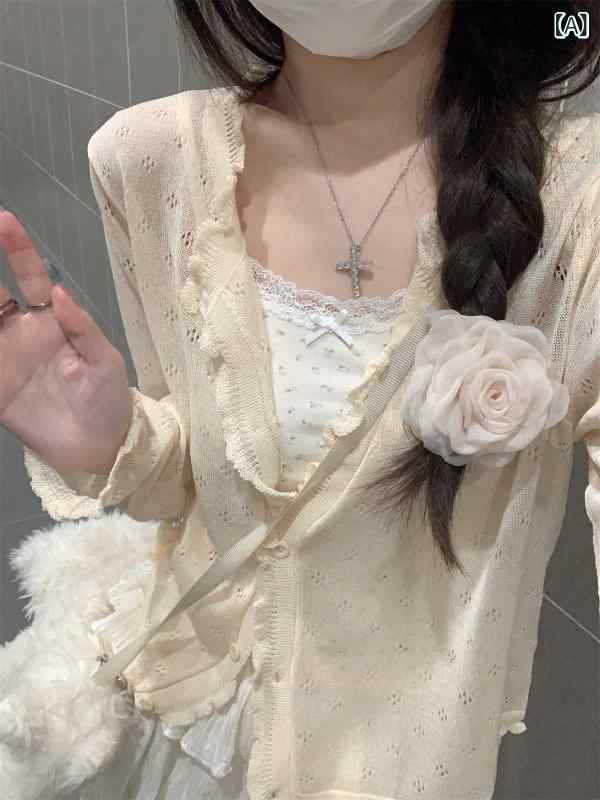カーディガン レディース 春季 韓流 セクシー 甘め 短丈 長袖 透け感 偽リネン 薄手 ニット 開き Vネック 単ボタン 切り替え デザイン ポリエステル 混 アクリル繊維 混 超薄手 杏 黒 粉 白 甘め 清新 韓系 日常使い 軽量 涼しい