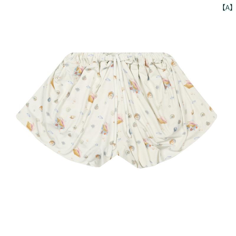 アスターショップのレディース ショートパンツ プリント フレア ルームウェア 綿素材 松緊腰 ミディアム厚 微弾性 白 貝殻柄 ブルー グレー 春季 スカートパンツ 日韓カジュアル 普段使い 部屋着 軽量 伸縮性 インナー ラウンジウェア ホームウェア リラックス フェミ｜アングル2