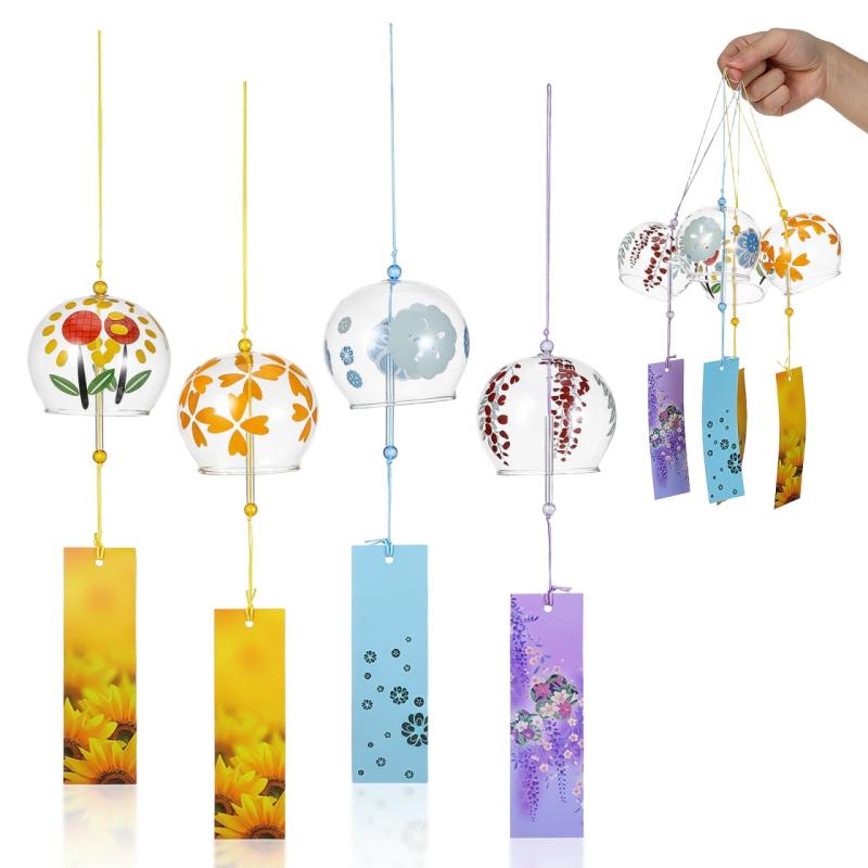 TOYMYTOY 風鈴 ガラス 手描き 4個セット 花柄（ハイビスカス・四葉・藤・向日葵）和風 職人手作り 江戸風鈴 涼鈴 小ぶり 癒やし 記念品 お祝い 贈り物