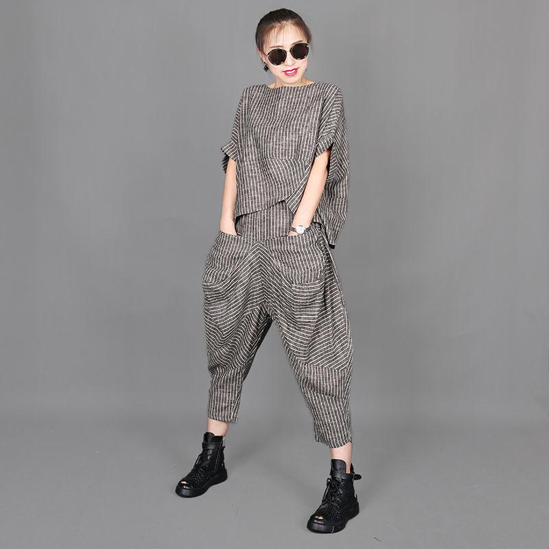 レディース セットアップ 条紋 トップス 灯笼パンツ 綿麻 素材 短袖 Tシャツ 七分丈 ワイドパンツ ゆったり 大きいサイズ シンプル 通勤 普段使い 涼しい 夏 春夏 印花 プリント ポリエステル 混紡 軽量 伸縮性 ビッグシルエット ストライプ 柄