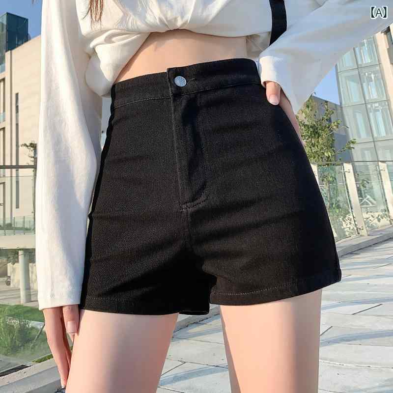 アスターショップのショートパンツ レディース デニムパンツ 短パン ハーフパンツ ジーンズ ジーパン 高腰 ハイウエスト 伸縮性 ストレッチ スキニー 弾力 着痩せ 脚長 細見え スリム フィット コットン 綿 薄手 水洗加工 カジュアル 通勤 オフィス 黒｜アングル2