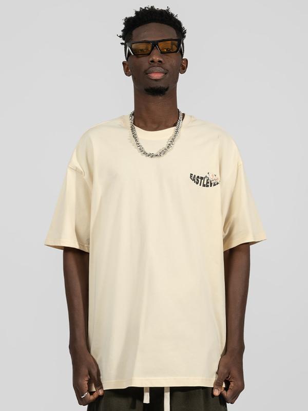Tシャツ メンズ レディース 短袖 半袖 丸首 無帽 落肩袖 ゆったり ビッグシルエット オーバーサイズ 街頭 ヒップホップ ストリートファッション 日常使い 綿100 透気 吸湿速乾 印花 字母柄 フラワープリント 白色 黒 クリーム色 春季 夏季 青
