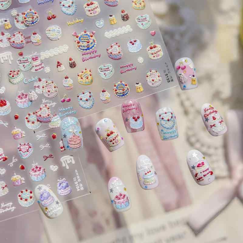 EEUOPQ Nail Stickers, Birthday Cake & Donut Design, 3 Sheets, Nail Art Stickers, 3D Self-Adhesive, Embossed, Cute, for Adults & Children, DIY Decoration