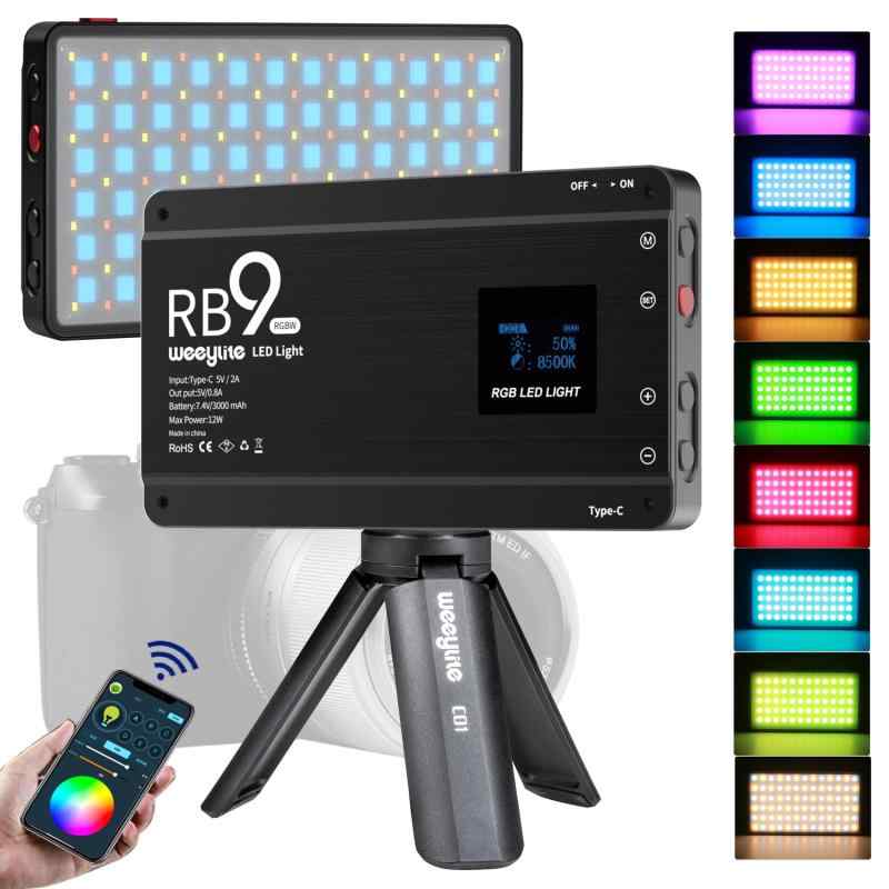 Weeylite RB9 RGB LED撮影ライト 三脚付き 12W ビデオライト 2500-8500K CRI 95+ アプリ制御 USB充電式 LED 携帯用 写真照明 ビデオ録音 360°フルカラー ポータブル カメラライト パネル ビデオ会議 に