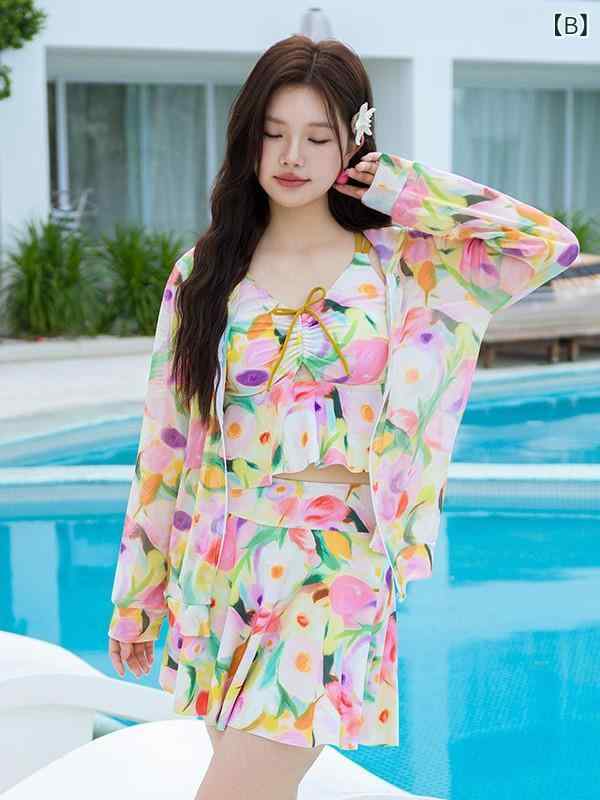 アスターショップのレディース ビキニ ワンピース 水着 高腰 腹巻き スリム ゆったり 長袖 UVカット 分離 3点セット ビッグサイズ プール ビーチ スイム アクティビティ ブルー イエロー フラワー 柄 ポリエステル 速乾 伸縮性 保守的 デザイン｜アングル3