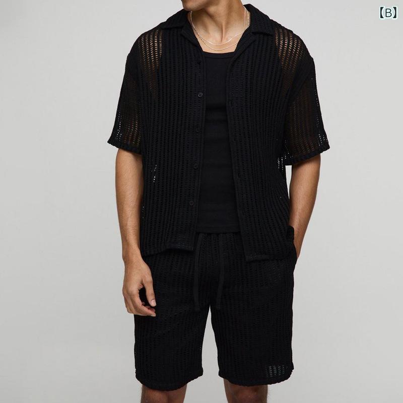 メンズ 紳士用 ニット セットアップ 半袖シャツ ハーフパンツ 上下セット カジュア...