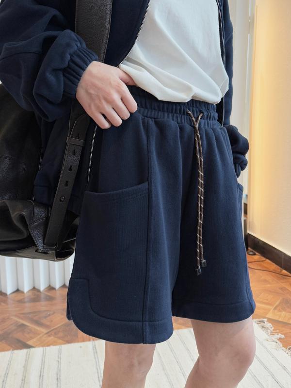 レディース ショートパンツ 春夏 韓国風 シンプル デイリー スポーツ ドローストリング ワイドシルエット 綿素材 快適 通気性 中伸縮 グレー ネイビー カジュアル 普段使い 軽量 切り替え 基本 ワイドレッグ ミドル丈 イージー腰 ミドル厚 95%