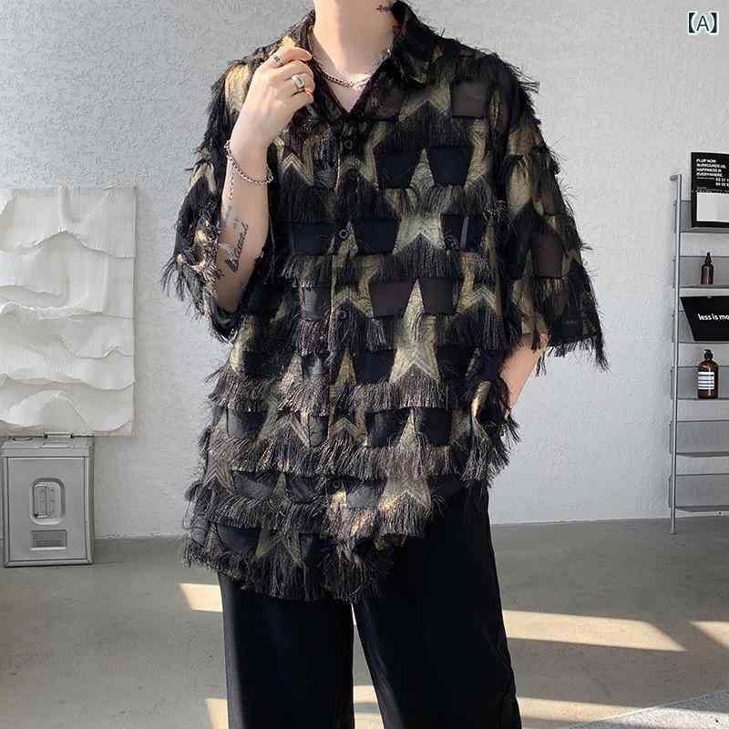 メンズ シャツ トップス 半袖 花柄 切り替え インディゴ柄 ブラック オリーブグリーン 英倫風 ルーズフィット コットン混紡 ポリエステル 印花 プリント ファッション 都会的 24-35歳 青年向け 夏 春夏 季節 休闲 日常使い カジュアル スタイ