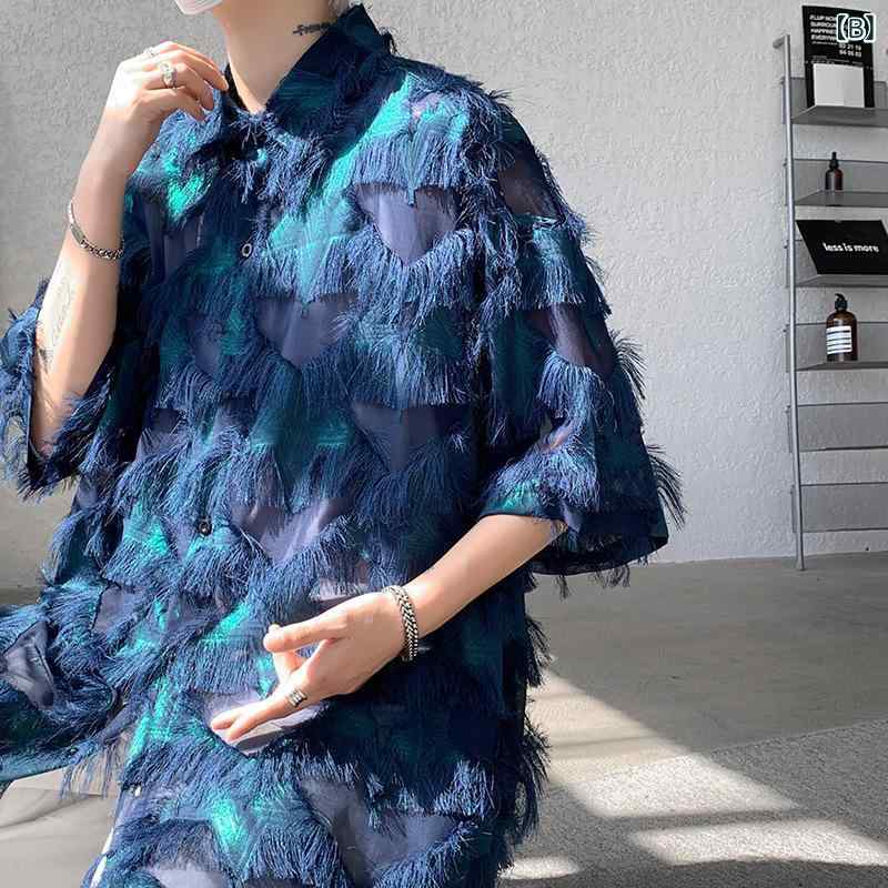 アスターショップのメンズ シャツ トップス 半袖 花柄 切り替え インディゴ柄 ブラック オリーブグリーン 英倫風 ルーズフィット コットン混紡 ポリエステル 印花 プリント ファッション 都会的 24-35歳 青年向け 夏 春夏 季節 休闲 日常使い カジュアル スタイ｜アングル2