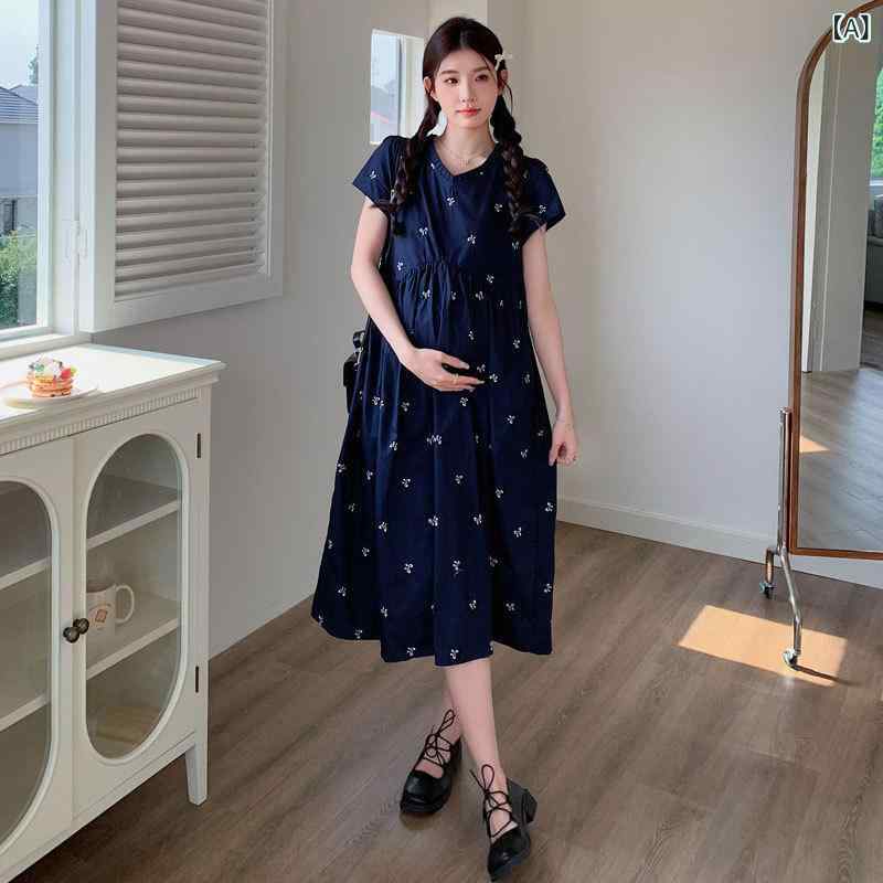 ワンピース マタニティ 妊婦服 蝶 刺繍 プリーツカラー 膝丈 膝下丈 フレア Aライ...