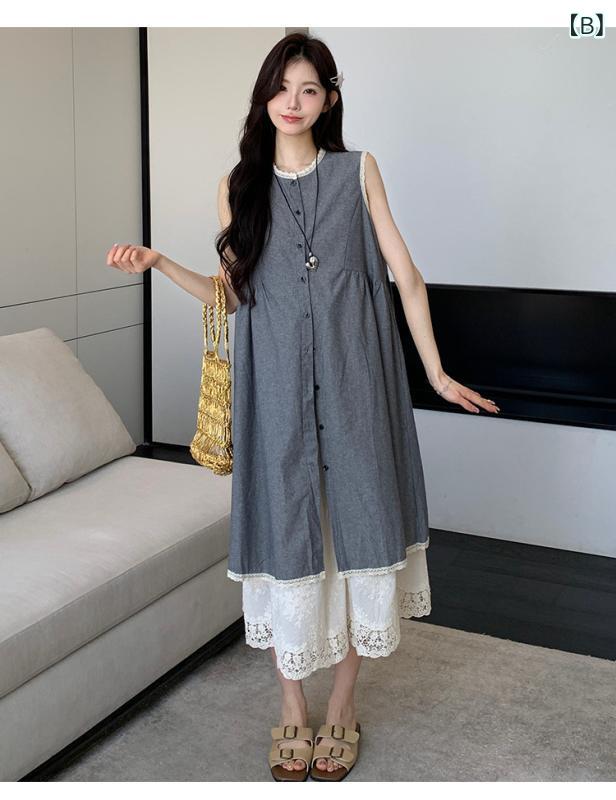 ワンピース 闊腿パンツ セットアップ ノースリーブ レース 猪鼻ボタン 妊婦服 マタ...