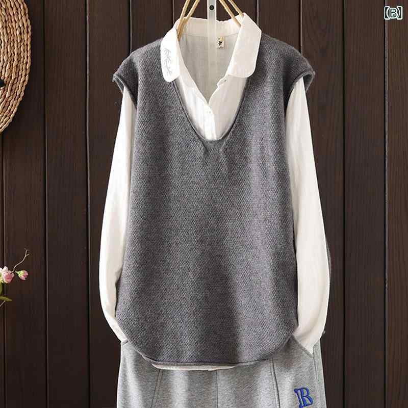 ニットベスト レディース 秋冬 Vネック ゆったり ノースリーブ レトロ 重ね着 おしゃれ 無地 きれいめ トップス カジュアル オーバーサイズ 暖かい 体型カバー シンプル ベーシック astershop-10597642 アスターショップ サンプル画像3