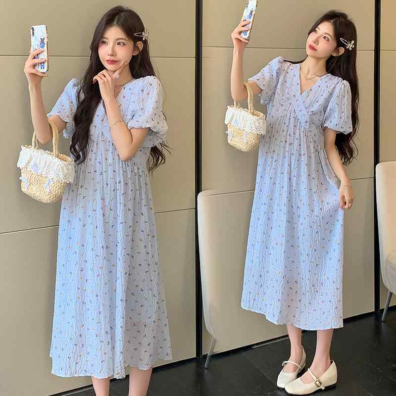 マタニティ ワンピース レディース 春夏 ゆったり 花柄 ミモレ丈 韓国風 フェミニン お出かけ用 爽やか 柔らかい 軽やか 膝下丈 ウエストゴム 妊娠服 妊婦服 産前産後 カジュアル きれいめ おしゃれ