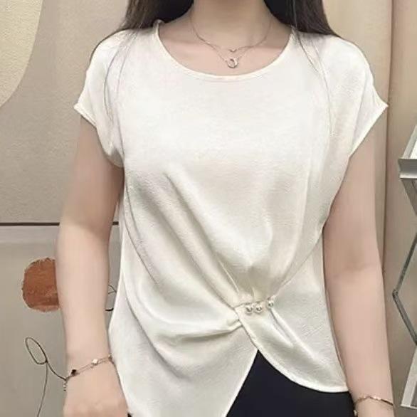 トップス レディース 半袖 丸首 アセテート ジャガード 不規則シルエット 高級感 上品 細見え カジュアル