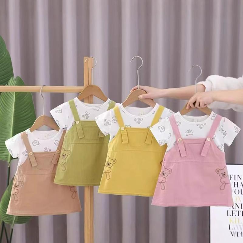 ワンピース キッズ 女の子 半袖 夏服 1歳 ドッキング 切り替え クマ柄 プリンセス パフスリーブ かわいい
