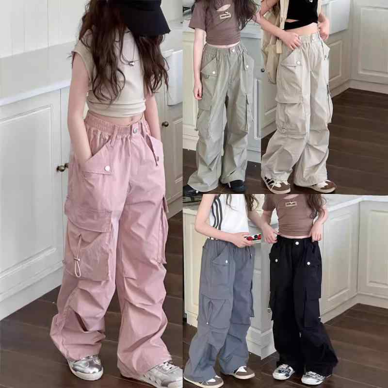 ロングパンツ 女の子 子供 カジュアル カーゴパンツ 防蚊 ストレートパンツ ゆったり ワイドパンツ オールシーズン