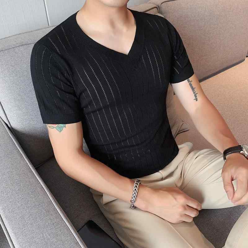 Tシャツ メンズ 半袖 Vネック 接触 リブ ストライプ カットソー トップス インナー カジュアル オールシーズン・スタイル: 大人カジュアル・主な素材: アイスシルク（綿混紡）・素材混率: 綿71%-80%・柄: ストライプ・フィット感: フィットタイプ・スタイル: プルオーバー・ネックライン: Vネック・袖丈: 半袖・フード: なし・厚さ: 普通・スタイル詳細: 透かし彫り・加工: 形態安定・カラー展開: 咖啡色, 灰色, ホワイト, ブラック・サイズ展開: M, L, XL, 2XL, 3XL・袖型: 定番・重量: 約180g-250g・年齢層: 大人・性別: 男性・製品カテゴリー: Tシャツ