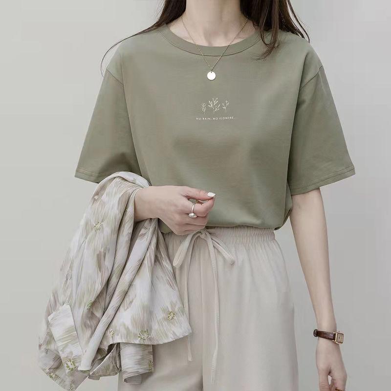 トップス レディース Tシャツ クルーネック 半袖 ゆったり ボタニカル柄 カジュアル 無地 韓国風 学生向け 普段使い 夏用 綿混素材 通気性 柔らかい 快適 おしゃれ シンプル ベーシック 体型カバー 着回し 涼しい