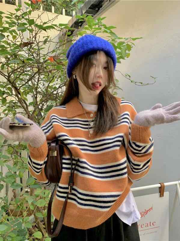 セーター レディース ストライプ柄 ポロカラー ショート丈 リラックス 秋物 レトロ カジュアル デザイン