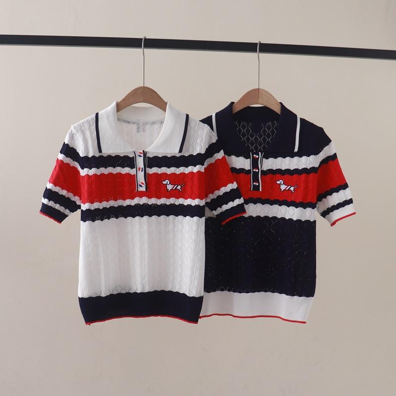 ニットTシャツ レディース 夏 スクールガール風 切り替え ポロ襟 子犬刺繍 プルオーバー 半袖 普段使い おしゃれ かわいい 着心地抜群