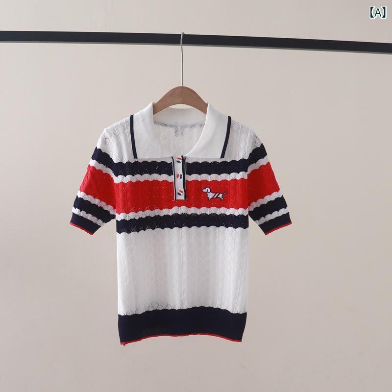 アスターショップのニットTシャツ レディース 夏 スクールガール風 切り替え ポロ襟 子犬刺繍 プルオーバー 半袖 普段使い おしゃれ かわいい 着心地抜群｜アングル2