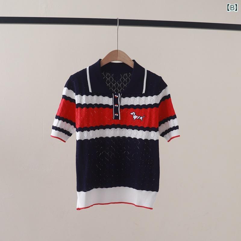 アスターショップのニットTシャツ レディース 夏 スクールガール風 切り替え ポロ襟 子犬刺繍 プルオーバー 半袖 普段使い おしゃれ かわいい 着心地抜群｜アングル3