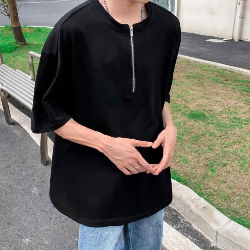 Tシャツ メンズ ブラック ハーフジップ オーバーサイズ 5分袖 アメリカン ストリート系 夏 高級感 トップス
