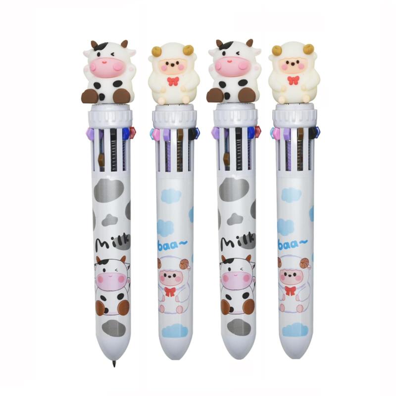 Lopenle 可愛い 動物 羊 牛 10色 ボールペン 4本 多色 油性 筆記具 かわいい ノック式 マーキング 10色の交換可能 乳牛 格納式ボールペン 文房具 セット 多機能 業務用 子供 学生 プレゼント ギフ astershop-10670673 アスターショップ パッケージ画像