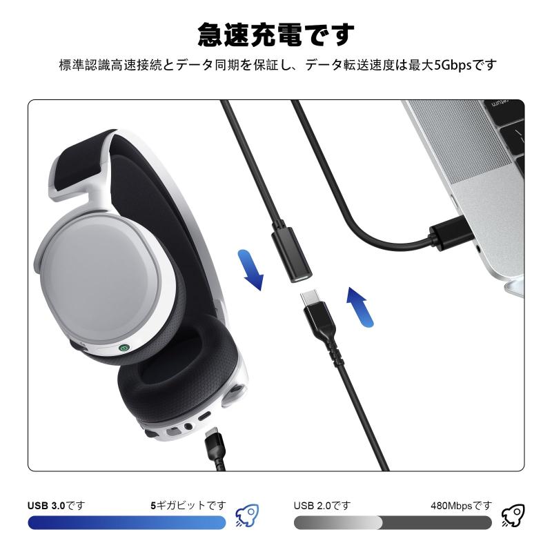 アスターショップのUSB 3.0 Type-Aオス to Type-Cメス 変換アダプターケーブル SteelSeries Arctis 7X 7P ワイヤレスヘッドセット/Arctis 1 ワイヤレス対応 1.5m｜アングル2