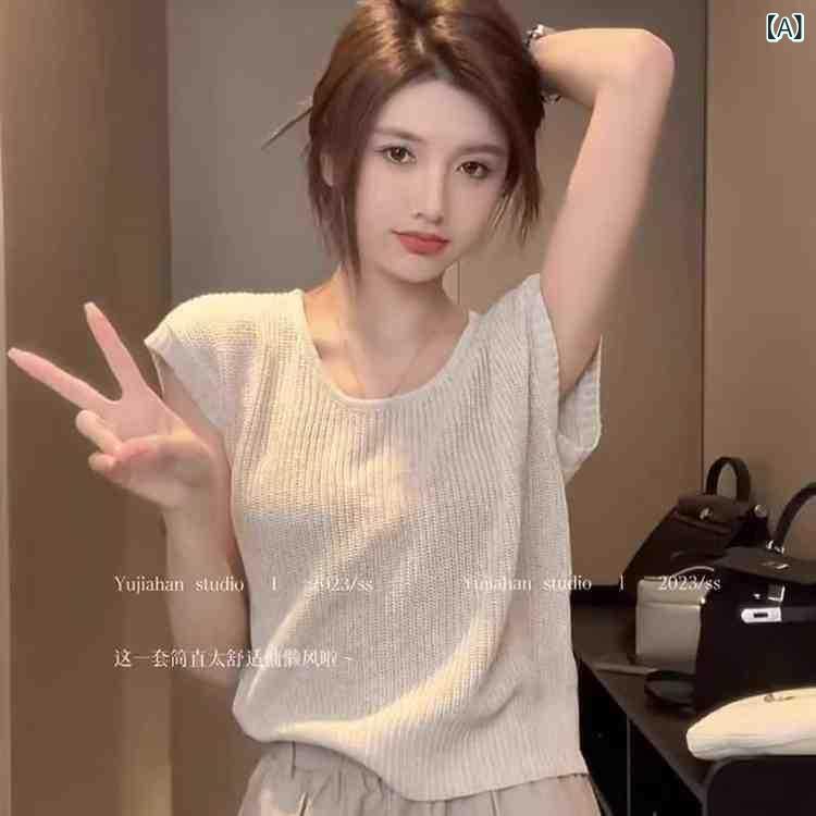 ニット トップス レディース 半袖 透かし編み ゆったり カジュアル サマーニット ゆるふわ フェミニン レイヤード風 クルーネック 通気性 春夏