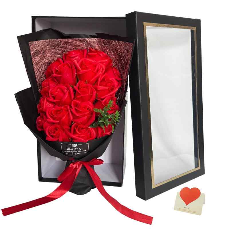 ソープフラワー 花束 バラ 18本 ギフトセット 高級造花ブーケ 38cm ブラックボックス入り 枯れない花 誕生日プレゼント 還暦祝い 記念日 インテリア装飾 メッセージカード付き (レッド)