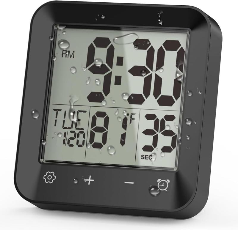 バスルーム用クロック IP24 生活防水 キッチン 時計 風呂時計 防滴 キッチンタイマー 置き掛け用 カウントダウン機能 日本語取扱説明書【置き時計 掛け時計】時刻（12と24時間制サポート）、曜日、日付表示あり、室内温度表示（華氏度と摂氏度 ℃切り替え可能 温度検知範囲は0℃―37℃　室内温度が0℃以下であれば、画面にLLが表示され、37℃以上であれば、画面にHHが表示される) 温度が多少の誤差が生じる場合もございます。タッチスクリーン、4つのキーだけ、設定と操作が簡単です。【カウントダウン機能付き】カウントダウン機能対応時間範囲:1-99分　キッチンタイマー、勉強タイマー、トレーニングタイマー、仕事のタイマーなどとしても素敵です。バスルーム、リビングルーム、キッチンなど様々な場所で使えます。【生活防水 防滴】防水レベル：正面はIP24 生活防水、水蒸気防止、曇り止め（JIS IPX4相当）。完全防水ではありません、背面はサウンド穴と温度センサーがあるので、水に入れないでください。サイズ：10.3*11.3*5.1cm　重さ：157g 素材：ABS(シェル) 　LCDディスプレイ　【電池供電】単3形電池2枚使用（電池含みません）。低電圧表示アイコンあり、このアイコンが表示されなら、新しい電池を交換ください。バッケージリスト：時計*1、フック*1、日本語取り扱い説明書*1　【色々な設置方法】1.後ろに置きスタンド付き、テーブルの上、浴室の洗面台などに置くことができます。2.後ろに穴があり、そのままフックに掛ける。3.吸盤を使って鏡やガラス、タイルなど滑らかな表面壁に吸着する。吸盤を壁や鏡に押し付けて空気が抜けて、吸盤をしっかりと固定します。ご注意：鉄含有壁には、吸盤は吸着できないことを予めご了承願います。