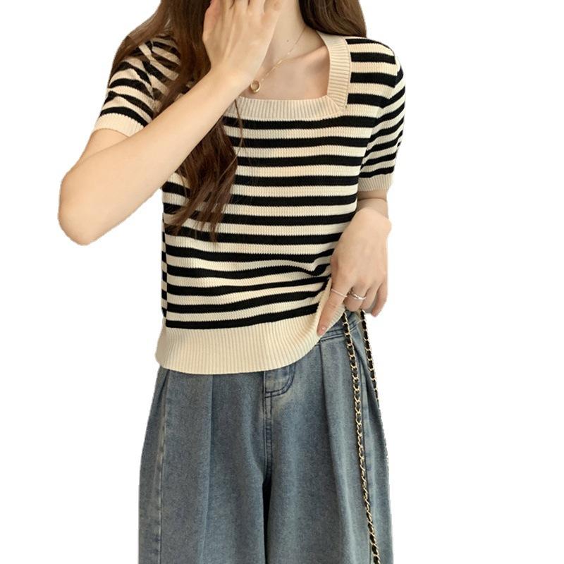 Tシャツ レディース カットソー 半袖 スクエアネック ボーダー ニット トップス プルオーバー 大きいサイズ ぽっちゃり 体型カバー 着痩せ 細見え 伸縮性 普段使い カジュアル きれいめ 大人 フェミネンス サマー 薄手 夏